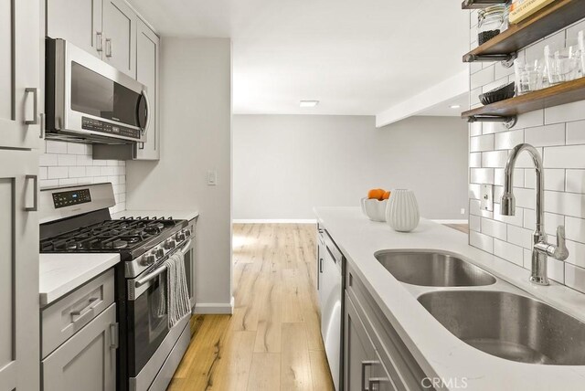 18620 Hatteras St Unit 223, Tarzana, CA 91356 - kitchen with stainless steel appliances, a sink, backsplash, light wood-style flooring, and gray cabinets