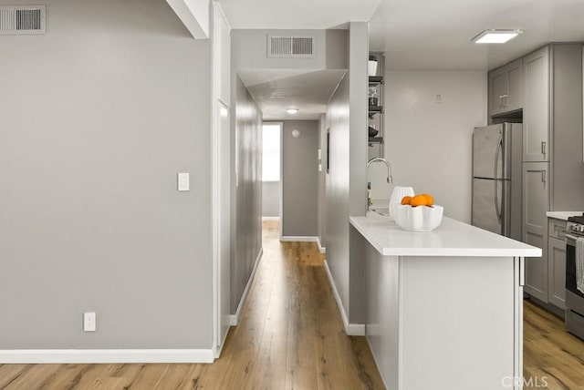 18620 Hatteras St Unit 223, Tarzana, CA 91356 - kitchen featuring appliances with stainless steel finishes, gray cabinetry, light wood-style flooring, light countertops, and baseboards