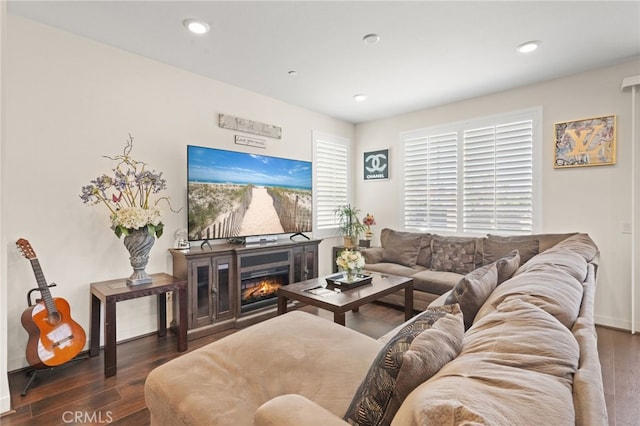 living area featuring wood finished floors, baseboards, recessed lighting, and a glass covered fireplace