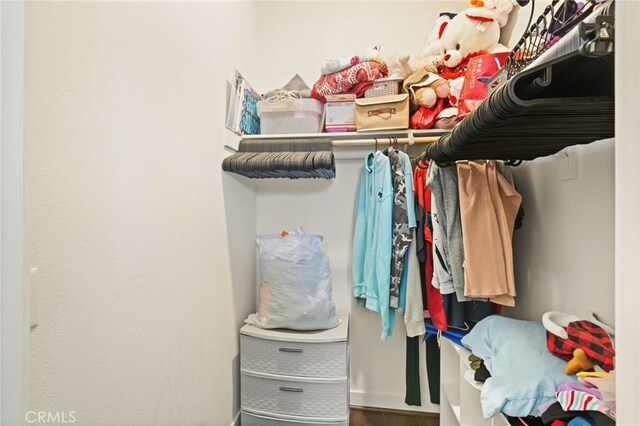 walk in closet with wood finished floors