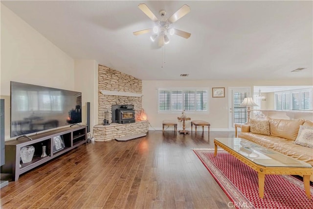 4428 Trumbo Ct, Phelan, CA 92371 - living area with wood finished floors, ceiling fan, baseboards, lofted ceiling, and a chandelier