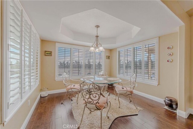 4428 Trumbo Ct, Phelan, CA 92371 - dining room with wood finished floors, a tray ceiling, baseboards, and a chandelier
