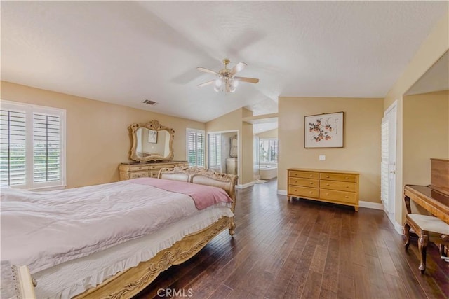 4428 Trumbo Ct, Phelan, CA 92371 - bedroom featuring baseboards, lofted ceiling, dark wood-style flooring, a ceiling fan, and ensuite bath