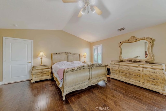 4428 Trumbo Ct, Phelan, CA 92371 - bedroom with lofted ceiling, dark wood-type flooring, and a ceiling fan