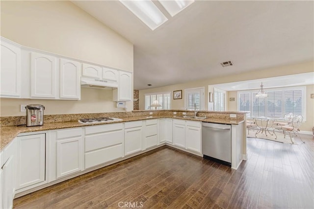 4428 Trumbo Ct, Phelan, CA 92371 - kitchen with stainless steel dishwasher, a sink, dark wood finished floors, white cabinetry, and light stone countertops