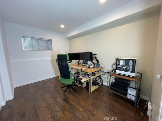 home office featuring wood finished floors, baseboards, and recessed lighting