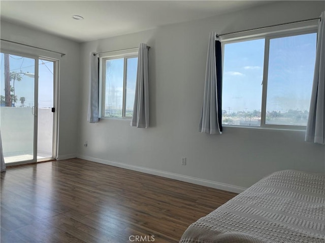 bedroom featuring multiple windows and dark wood-style flooring