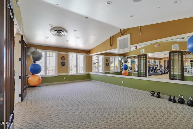 1524 Seabridge Ln, Oxnard, CA 93035 - gym with vaulted ceiling, carpet flooring, and recessed lighting