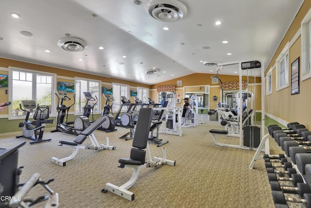 1524 Seabridge Ln, Oxnard, CA 93035 - gym with lofted ceiling, recessed lighting, and carpet floors