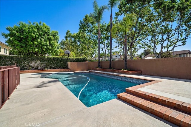 view of swimming pool featuring a fenced backyard and a patio area