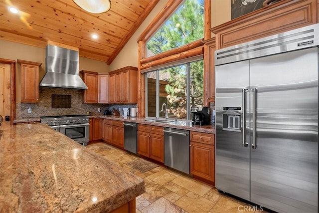 1020 Heritage Trl, Big Bear City, CA 92314 - kitchen featuring high quality appliances, wall chimney exhaust hood, stone tile flooring, a sink, and decorative backsplash