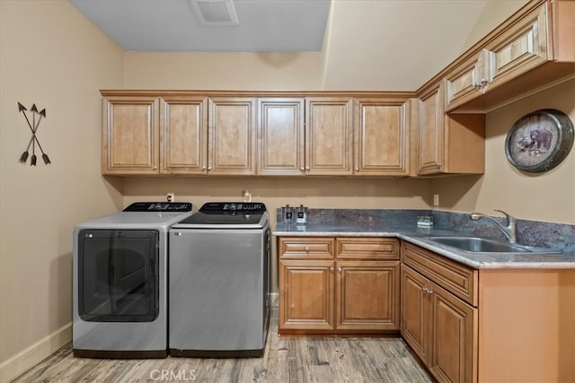1020 Heritage Trl, Big Bear City, CA 92314 - laundry area featuring washing machine and clothes dryer, cabinet space, light wood-style flooring, and baseboards