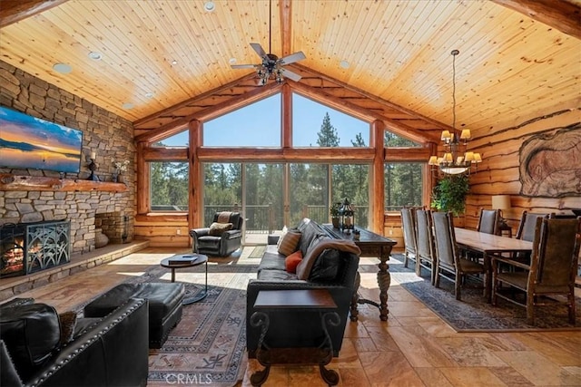 1020 Heritage Trl, Big Bear City, CA 92314 - living room with wood ceiling, healthy amount of natural light, high vaulted ceiling, a chandelier, and stone tile floors