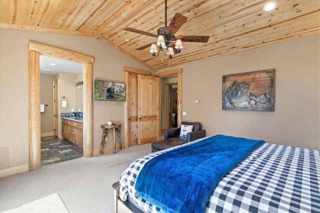 1020 Heritage Trl, Big Bear City, CA 92314 - carpeted bedroom featuring wood ceiling, baseboards, lofted ceiling, ensuite bathroom, and recessed lighting