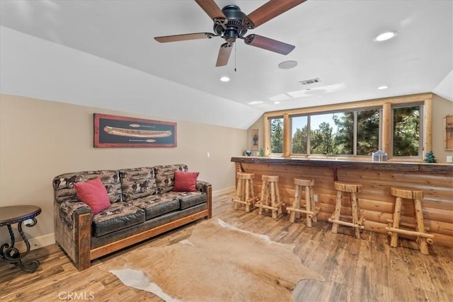 1020 Heritage Trl, Big Bear City, CA 92314 - indoor dry bar featuring baseboards, wood finished floors, ceiling fan, lofted ceiling, and recessed lighting