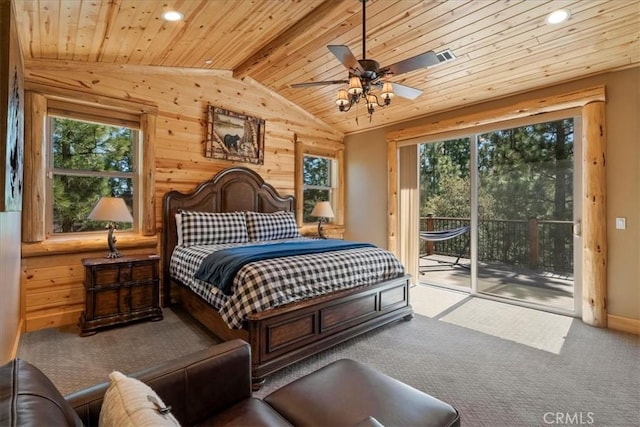 1020 Heritage Trl, Big Bear City, CA 92314 - bedroom featuring wood ceiling, carpet, access to outside, recessed lighting, and wood walls