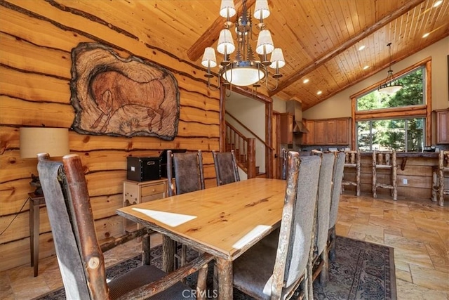 1020 Heritage Trl, Big Bear City, CA 92314 - dining space with stone tile flooring, wood ceiling, stairway, high vaulted ceiling, and a chandelier