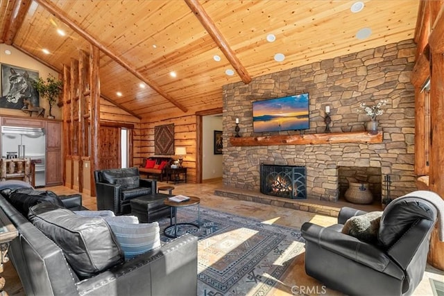 1020 Heritage Trl, Big Bear City, CA 92314 - living room featuring wood ceiling, a fireplace, beam ceiling, and high vaulted ceiling