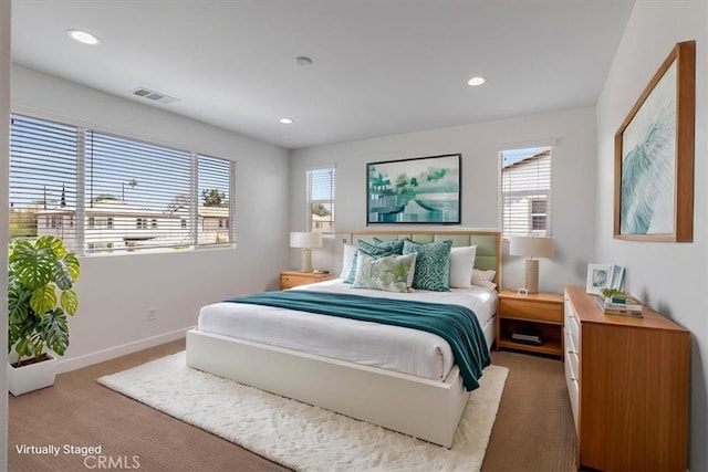 bedroom featuring carpet floors, recessed lighting, and baseboards