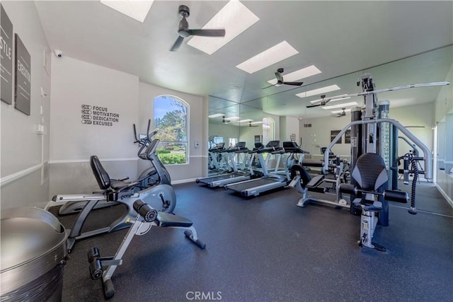 2400 Del Mar Way, Corona, CA 92882 - exercise room featuring a skylight, ceiling fan, and baseboards