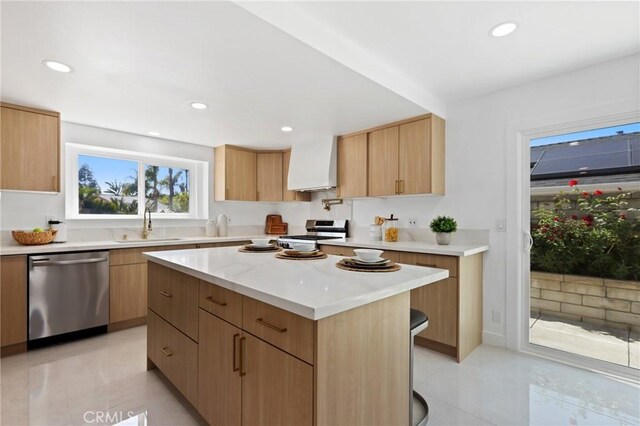 25082 Ericson Way, Laguna Hills, CA 92653 - kitchen with stainless steel appliances, custom exhaust hood, modern cabinets, light tile patterned floors, and recessed lighting