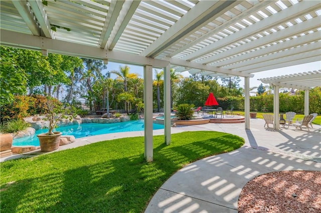 swimming pool with a pergola, a yard, and a patio