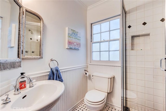 222 Holiday Dr, Lake Arrowhead, CA 92352 - full bathroom featuring a sink, a shower stall, toilet, ornamental molding, and wainscoting