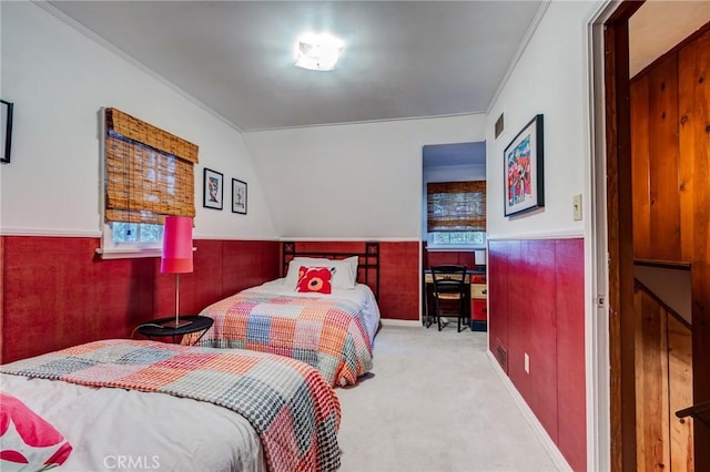 222 Holiday Dr, Lake Arrowhead, CA 92352 - bedroom featuring carpet flooring, wainscoting, ornamental molding, and lofted ceiling