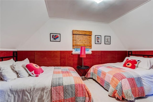 222 Holiday Dr, Lake Arrowhead, CA 92352 - carpeted bedroom featuring lofted ceiling and a wainscoted wall