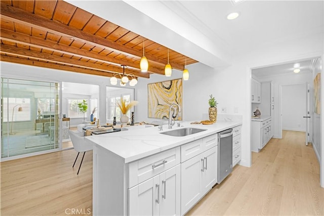 507 S Gaybar Ave, West Covina, CA 91790 - kitchen with a sink, stainless steel dishwasher, light wood-type flooring, a peninsula, and wooden ceiling
