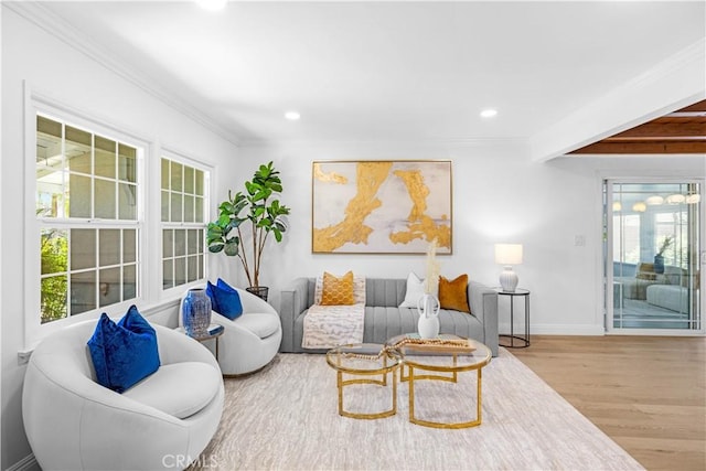 507 S Gaybar Ave, West Covina, CA 91790 - living area featuring wood finished floors, ornamental molding, baseboards, recessed lighting, and beamed ceiling