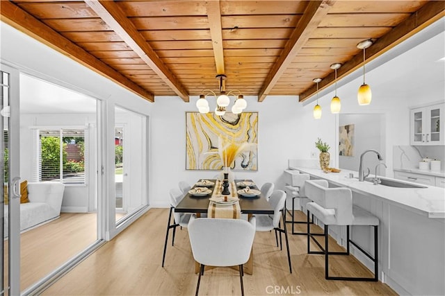 507 S Gaybar Ave, West Covina, CA 91790 - dining room featuring wooden ceiling, beamed ceiling, light wood-type flooring, and a chandelier