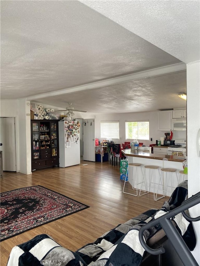 living area featuring a textured ceiling and wood finished floors