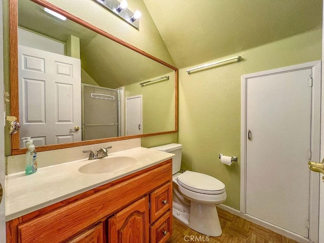 15616 San Moritz Dr, Pine Mountain Club, CA 93222 - bathroom with lofted ceiling, vanity, and toilet