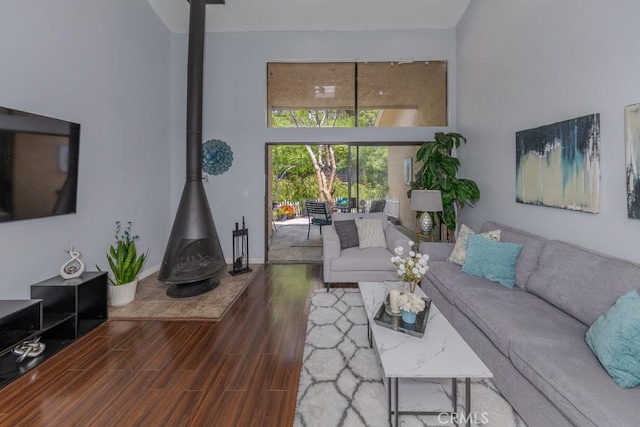 living area featuring a wood stove and wood finished floors