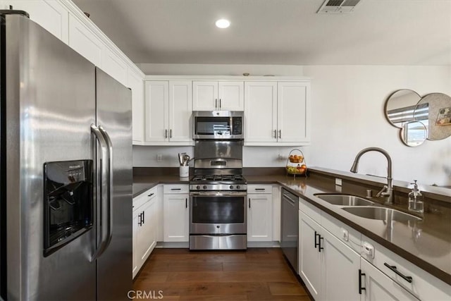 kitchen featuring appliances with stainless steel finishes, a sink, white cabinetry, dark countertops, and recessed lighting