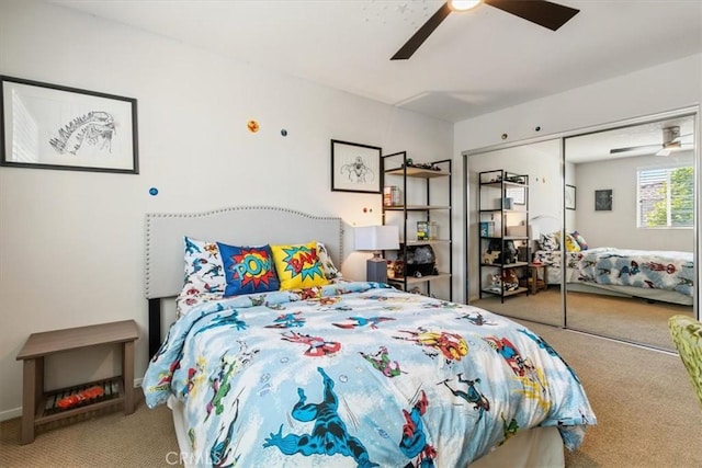 bedroom featuring carpet flooring, ceiling fan, and a closet