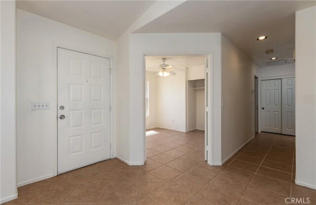 7728 Balsa Ave, Yucca Valley, CA 92284 - entryway with light tile patterned floors, baseboards, a ceiling fan, and recessed lighting