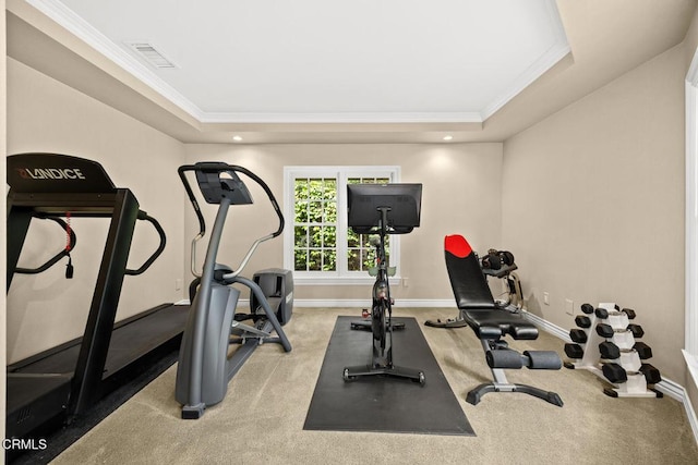 exercise area with crown molding, a tray ceiling, baseboards, and carpet floors