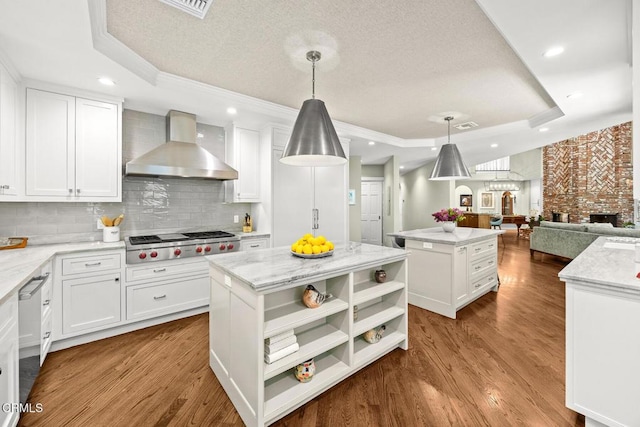 kitchen featuring wall chimney exhaust hood, a center island, stainless steel appliances, a raised ceiling, and ornamental molding