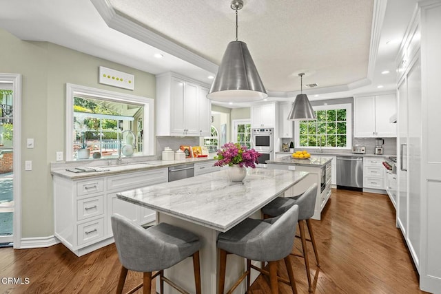kitchen with appliances with stainless steel finishes, a center island, a sink, a raised ceiling, and decorative backsplash