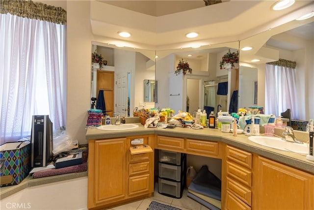 33220 Wilson St, Wildomar, CA 92595 - bathroom featuring double vanity, tile patterned floors, recessed lighting, and a shower stall