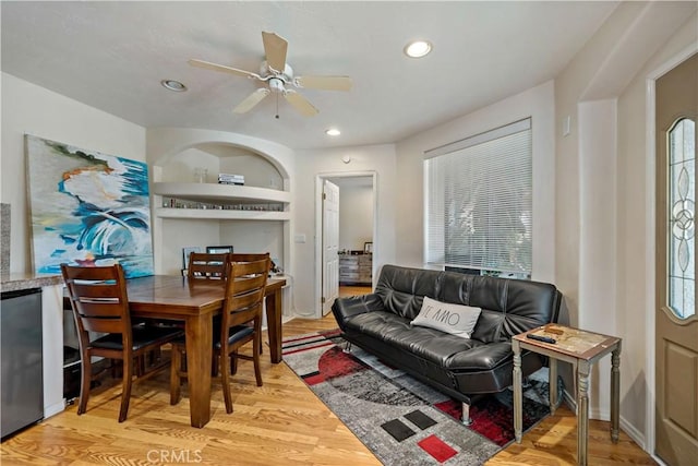 22299 San Joaquin Dr W, Canyon Lake, CA 92587 - living area featuring ceiling fan, light wood finished floors, and recessed lighting