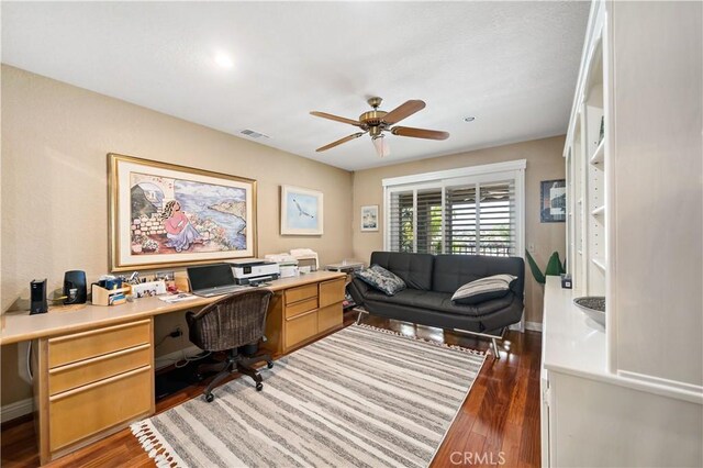 22299 San Joaquin Dr W, Canyon Lake, CA 92587 - office featuring light wood-style floors, ceiling fan, baseboards, and built in study area