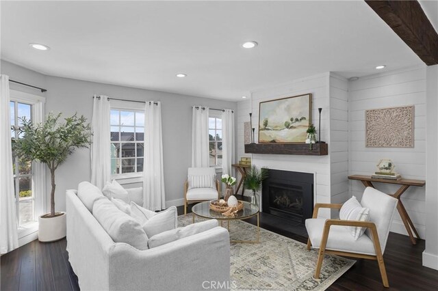 555 E Branch St, Arroyo Grande, CA 93420 - living area with recessed lighting, dark wood-style floors, a fireplace with flush hearth, and baseboards