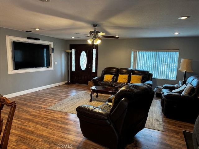 12145 Wanda St, El Monte, CA 91732 - living room featuring wood finished floors, baseboards, ceiling fan, and recessed lighting