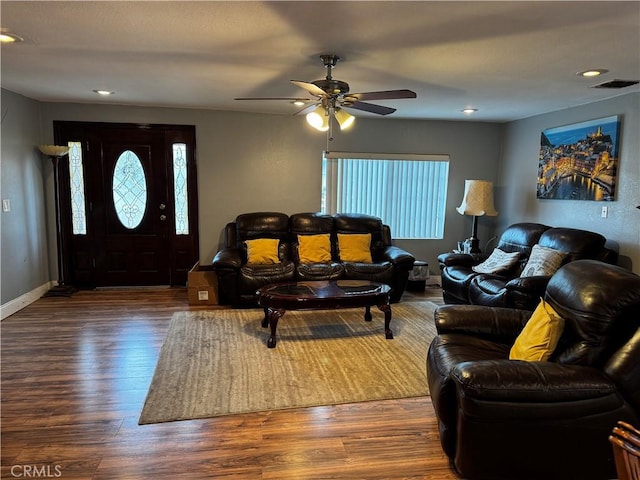 12145 Wanda St, El Monte, CA 91732 - living room featuring healthy amount of natural light, wood finished floors, ceiling fan, recessed lighting, and baseboards