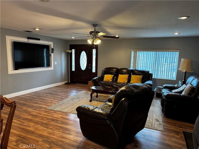 12145 Wanda St, El Monte, CA 91732 - living room featuring wood finished floors, baseboards, a ceiling fan, and recessed lighting