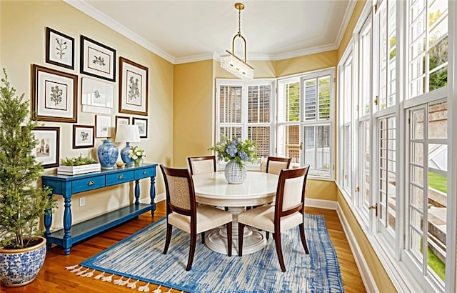 dining area featuring wood finished floors, baseboards, and ornamental molding