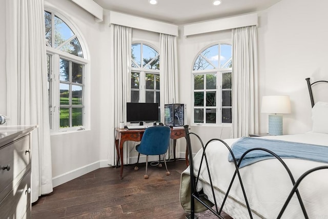 8374 St Andrews Rd, Rancho Santa Fe, CA 92067 - bedroom with dark wood-style floors, multiple windows, recessed lighting, an office area, and baseboards